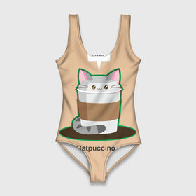 Купальник-боди 3D с принтом Catpuccino в Екатеринбурге, 82% полиэстер, 18% эластан | Круглая горловина, круглый вырез на спине | capuccino | cat | catpuccino | meow | капуччино | кот | котпуччино | кофе | мяу | стакан