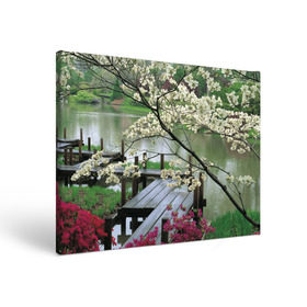 Холст прямоугольный с принтом Японский сад с прудом в цветах в Екатеринбурге, 100% ПВХ |  | Тематика изображения на принте: 