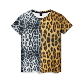 Женская футболка 3D с принтом Леопард/Снежный Барс в Екатеринбурге, 100% полиэфир ( синтетическое хлопкоподобное полотно) | прямой крой, круглый вырез горловины, длина до линии бедер | textures | барс | животное | леопард | пятна | снежный | текстура | чёрное с белым