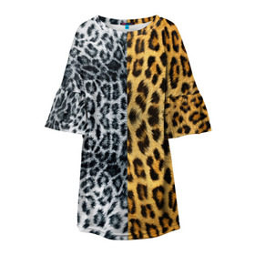Детское платье 3D с принтом Леопард/Снежный Барс в Екатеринбурге, 100% полиэстер | прямой силуэт, чуть расширенный к низу. Круглая горловина, на рукавах — воланы | Тематика изображения на принте: textures | барс | животное | леопард | пятна | снежный | текстура | чёрное с белым