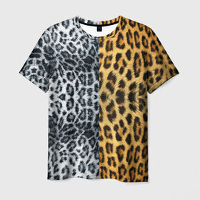 Мужская футболка 3D с принтом Леопард/Снежный Барс в Екатеринбурге, 100% полиэфир | прямой крой, круглый вырез горловины, длина до линии бедер | Тематика изображения на принте: textures | барс | животное | леопард | пятна | снежный | текстура | чёрное с белым