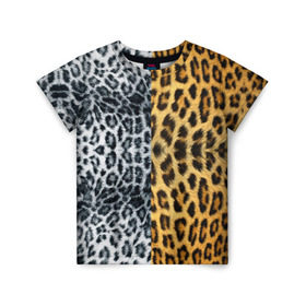 Детская футболка 3D с принтом Леопард/Снежный Барс в Екатеринбурге, 100% гипоаллергенный полиэфир | прямой крой, круглый вырез горловины, длина до линии бедер, чуть спущенное плечо, ткань немного тянется | Тематика изображения на принте: textures | барс | животное | леопард | пятна | снежный | текстура | чёрное с белым