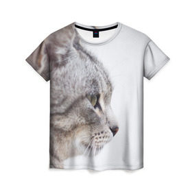 Женская футболка 3D с принтом Серый кот в Екатеринбурге, 100% полиэфир ( синтетическое хлопкоподобное полотно) | прямой крой, круглый вырез горловины, длина до линии бедер | взгляд | глаза | голова животного | киска | кот | котёнок | кошка | прикольные картинки