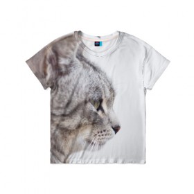 Детская футболка 3D с принтом Серый кот в Екатеринбурге, 100% гипоаллергенный полиэфир | прямой крой, круглый вырез горловины, длина до линии бедер, чуть спущенное плечо, ткань немного тянется | взгляд | глаза | голова животного | киска | кот | котёнок | кошка | прикольные картинки