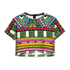 Женская футболка 3D укороченная с принтом Зимбабве в Екатеринбурге, 100% полиэстер | круглая горловина, длина футболки до линии талии, рукава с отворотами | африка | орнамент | этнический | этно
