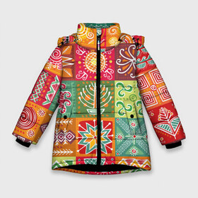 Зимняя куртка для девочек 3D с принтом Гвинея-Бисау в Екатеринбурге, ткань верха — 100% полиэстер; подклад — 100% полиэстер, утеплитель — 100% полиэстер. | длина ниже бедра, удлиненная спинка, воротник стойка и отстегивающийся капюшон. Есть боковые карманы с листочкой на кнопках, утяжки по низу изделия и внутренний карман на молнии. 

Предусмотрены светоотражающий принт на спинке, радужный светоотражающий элемент на пуллере молнии и на резинке для утяжки. | африка | паттерн | разноцветный | этно | яркий