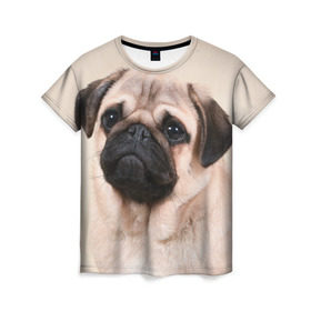 Женская футболка 3D с принтом Мопс в Екатеринбурге, 100% полиэфир ( синтетическое хлопкоподобное полотно) | прямой крой, круглый вырез горловины, длина до линии бедер | мопс | мопсы | песик | песики | собака | собаки