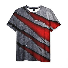 Мужская футболка 3D с принтом Следы когтей на металле в Екатеринбурге, 100% полиэфир | прямой крой, круглый вырез горловины, длина до линии бедер | когти | красный | металл | серебристый | следы | текстура