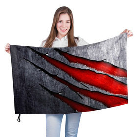 Флаг 3D с принтом Следы когтей на металле в Екатеринбурге, 100% полиэстер | плотность ткани — 95 г/м2, размер — 67 х 109 см. Принт наносится с одной стороны | когти | красный | металл | серебристый | следы | текстура