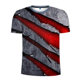 Мужская футболка 3D спортивная с принтом Следы когтей на металле в Екатеринбурге, 100% полиэстер с улучшенными характеристиками | приталенный силуэт, круглая горловина, широкие плечи, сужается к линии бедра | когти | красный | металл | серебристый | следы | текстура
