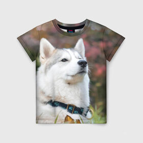 Детская футболка 3D с принтом Хаски в Екатеринбурге, 100% гипоаллергенный полиэфир | прямой крой, круглый вырез горловины, длина до линии бедер, чуть спущенное плечо, ткань немного тянется | Тематика изображения на принте: лайка | маламут | песик | песики | собака | собаки | хаски