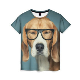 Женская футболка 3D с принтом Бигль в Екатеринбурге, 100% полиэфир ( синтетическое хлопкоподобное полотно) | прямой крой, круглый вырез горловины, длина до линии бедер | бигль | гончая | дворняжка | охотничья | песик | песики | собака | собаки