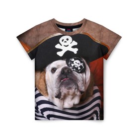 Детская футболка 3D с принтом Бульдог - пират в Екатеринбурге, 100% гипоаллергенный полиэфир | прямой крой, круглый вырез горловины, длина до линии бедер, чуть спущенное плечо, ткань немного тянется | бульдог | бульдоги | песик | песики | пират | пираты | прикольные | собака | собаки