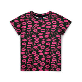 Детская футболка 3D с принтом Kiss в Екатеринбурге, 100% гипоаллергенный полиэфир | прямой крой, круглый вырез горловины, длина до линии бедер, чуть спущенное плечо, ткань немного тянется | Тематика изображения на принте: губы | любовь | нежные | поцелуй | розовый | сердечки