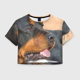 Женская футболка 3D укороченная с принтом Ротвейлер в Екатеринбурге, 100% полиэстер | круглая горловина, длина футболки до линии талии, рукава с отворотами | большая | пес | песик | псина | ротвейлер | ротвейлеры | собака | собаки