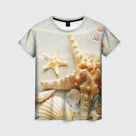 Женская футболка 3D с принтом Морской пляж 5 в Екатеринбурге, 100% полиэфир ( синтетическое хлопкоподобное полотно) | прямой крой, круглый вырез горловины, длина до линии бедер | море | морская звезда | песок | пляж | ракушки | туризм | турист