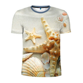 Мужская футболка 3D спортивная с принтом Морской пляж 5 в Екатеринбурге, 100% полиэстер с улучшенными характеристиками | приталенный силуэт, круглая горловина, широкие плечи, сужается к линии бедра | море | морская звезда | песок | пляж | ракушки | туризм | турист