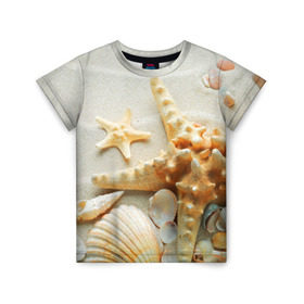 Детская футболка 3D с принтом Морской пляж 5 в Екатеринбурге, 100% гипоаллергенный полиэфир | прямой крой, круглый вырез горловины, длина до линии бедер, чуть спущенное плечо, ткань немного тянется | Тематика изображения на принте: море | морская звезда | песок | пляж | ракушки | туризм | турист