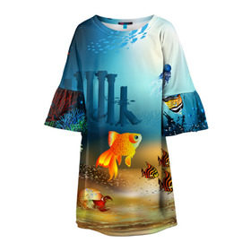 Детское платье 3D с принтом Золотая рыбка в Екатеринбурге, 100% полиэстер | прямой силуэт, чуть расширенный к низу. Круглая горловина, на рукавах — воланы | вода | водоросли | море | подводный мир | природа | рыба | рыбка | туризм
