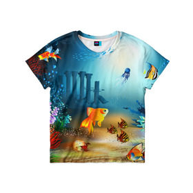 Детская футболка 3D с принтом Золотая рыбка в Екатеринбурге, 100% гипоаллергенный полиэфир | прямой крой, круглый вырез горловины, длина до линии бедер, чуть спущенное плечо, ткань немного тянется | вода | водоросли | море | подводный мир | природа | рыба | рыбка | туризм