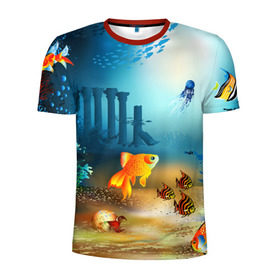 Мужская футболка 3D спортивная с принтом Золотая рыбка в Екатеринбурге, 100% полиэстер с улучшенными характеристиками | приталенный силуэт, круглая горловина, широкие плечи, сужается к линии бедра | вода | водоросли | море | подводный мир | природа | рыба | рыбка | туризм