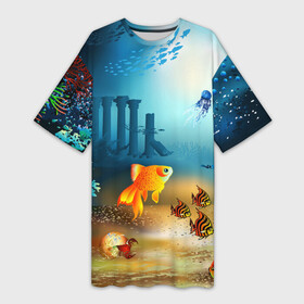 Платье-футболка 3D с принтом Золотая рыбка в Екатеринбурге,  |  | вода | водоросли | море | подводный мир | природа | рыба | рыбка | туризм