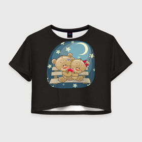 Женская футболка 3D укороченная с принтом Ночь любви в Екатеринбурге, 100% полиэстер | круглая горловина, длина футболки до линии талии, рукава с отворотами | верность | зайчик | котенок | любовь | милые | мишка | нежность | новинки | романтик | сердце