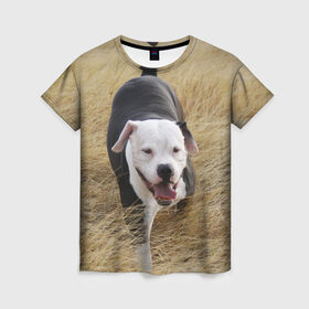 Женская футболка 3D с принтом Пит-буль на траве в Екатеринбурге, 100% полиэфир ( синтетическое хлопкоподобное полотно) | прямой крой, круглый вырез горловины, длина до линии бедер | Тематика изображения на принте: амстафф | буль | пес | песик | питбули | питбуль | собака | собаки | стафф | терьер