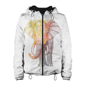 Женская куртка 3D с принтом Solar Elephant в Екатеринбурге, ткань верха — 100% полиэстер, подклад — флис | прямой крой, подол и капюшон оформлены резинкой с фиксаторами, два кармана без застежек по бокам, один большой потайной карман на груди. Карман на груди застегивается на липучку | Тематика изображения на принте: красивый | крутой | рисунок | слон | узор