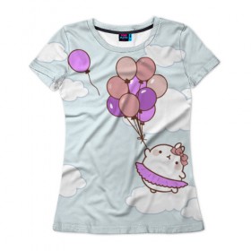 Женская футболка 3D с принтом Кролик и шарики в Екатеринбурге, 100% полиэфир ( синтетическое хлопкоподобное полотно) | прямой крой, круглый вырез горловины, длина до линии бедер | воздушные шарики | зайчик | кавай | кролик | моланг | небо