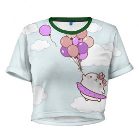 Женская футболка 3D укороченная с принтом Кролик и шарики в Екатеринбурге, 100% полиэстер | круглая горловина, длина футболки до линии талии, рукава с отворотами | воздушные шарики | зайчик | кавай | кролик | моланг | небо
