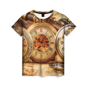 Женская футболка 3D с принтом Часы в Екатеринбурге, 100% полиэфир ( синтетическое хлопкоподобное полотно) | прямой крой, круглый вырез горловины, длина до линии бедер | золото | карманные часы | старина | часы