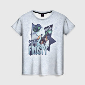 Женская футболка 3D с принтом Stay Frosty в Екатеринбурге, 100% полиэфир ( синтетическое хлопкоподобное полотно) | прямой крой, круглый вырез горловины, длина до линии бедер | community stickers | counter strike | cs | cs go | будь начеку | снеговик