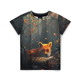 Детская футболка 3D с принтом Лиса в Екатеринбурге, 100% гипоаллергенный полиэфир | прямой крой, круглый вырез горловины, длина до линии бедер, чуть спущенное плечо, ткань немного тянется | autum | forest | fox | лес | лиса | осень