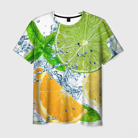 Мужская футболка 3D с принтом Вкус лета в Екатеринбурге, 100% полиэфир | прямой крой, круглый вырез горловины, длина до линии бедер | Тематика изображения на принте: вода | еда | зима | искусство | лайм | лимон | листья | новинки | природа | солнце | фрукты