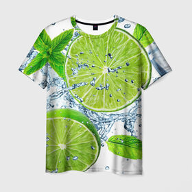 Мужская футболка 3D с принтом Свежесть лайма в Екатеринбурге, 100% полиэфир | прямой крой, круглый вырез горловины, длина до линии бедер | бармен | витамины | диета | коктель | куб | лед | мороз | новинки | холодный | цвет