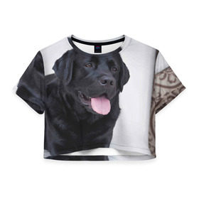 Женская футболка 3D укороченная с принтом Черный лабрадор в Екатеринбурге, 100% полиэстер | круглая горловина, длина футболки до линии талии, рукава с отворотами | Тематика изображения на принте: большая | золотистый | лабрадор | лабрадоры | палевый | песик | ретривер | собака | собаки