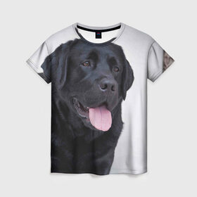 Женская футболка 3D с принтом Черный лабрадор в Екатеринбурге, 100% полиэфир ( синтетическое хлопкоподобное полотно) | прямой крой, круглый вырез горловины, длина до линии бедер | большая | золотистый | лабрадор | лабрадоры | палевый | песик | ретривер | собака | собаки