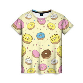 Женская футболка 3D с принтом Сладкие пончики в Екатеринбурге, 100% полиэфир ( синтетическое хлопкоподобное полотно) | прямой крой, круглый вырез горловины, длина до линии бедер | Тематика изображения на принте: булочки | гомер симпсон | еда | пончики | сладости