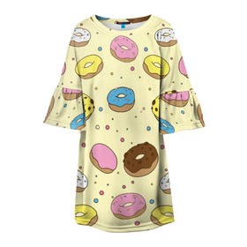 Детское платье 3D с принтом Сладкие пончики в Екатеринбурге, 100% полиэстер | прямой силуэт, чуть расширенный к низу. Круглая горловина, на рукавах — воланы | Тематика изображения на принте: булочки | гомер симпсон | еда | пончики | сладости