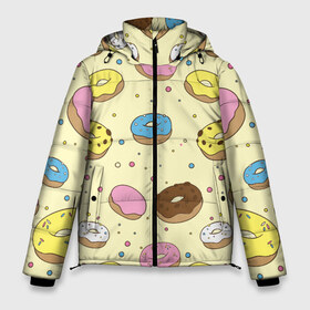 Мужская зимняя куртка 3D с принтом Сладкие пончики в Екатеринбурге, верх — 100% полиэстер; подкладка — 100% полиэстер; утеплитель — 100% полиэстер | длина ниже бедра, свободный силуэт Оверсайз. Есть воротник-стойка, отстегивающийся капюшон и ветрозащитная планка. 

Боковые карманы с листочкой на кнопках и внутренний карман на молнии. | Тематика изображения на принте: булочки | гомер симпсон | еда | пончики | сладости