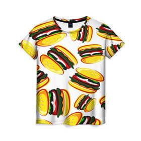 Женская футболка 3D с принтом Гамбургер в Екатеринбурге, 100% полиэфир ( синтетическое хлопкоподобное полотно) | прямой крой, круглый вырез горловины, длина до линии бедер | fast food | фастфуд