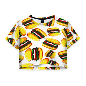 Женская футболка 3D укороченная с принтом Гамбургер в Екатеринбурге, 100% полиэстер | круглая горловина, длина футболки до линии талии, рукава с отворотами | fast food | фастфуд