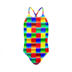 Детский купальник 3D с принтом Кубики в Екатеринбурге, Полиэстер 85%, Спандекс 15% | Слитный крой, подклад по переду изделия, узкие бретели | абстракция | кубики | пиксели | плитка | разноцветный | яркий