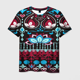 Мужская футболка 3D с принтом India Burgundy в Екатеринбурге, 100% полиэфир | прямой крой, круглый вырез горловины, длина до линии бедер | Тематика изображения на принте: орнамент | разноцветный | цветы