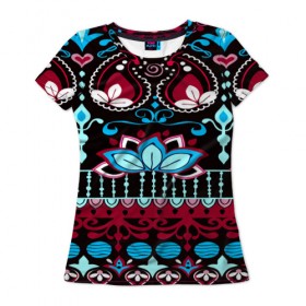 Женская футболка 3D с принтом India Burgundy в Екатеринбурге, 100% полиэфир ( синтетическое хлопкоподобное полотно) | прямой крой, круглый вырез горловины, длина до линии бедер | орнамент | разноцветный | цветы