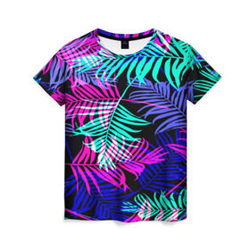 Женская футболка 3D с принтом Hawaii ? в Екатеринбурге, 100% полиэфир ( синтетическое хлопкоподобное полотно) | прямой крой, круглый вырез горловины, длина до линии бедер | листья | паттерн | разноцветный | тропики | яркий
