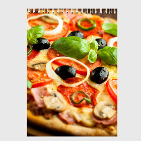 Скетчбук с принтом Пицца в Екатеринбурге, 100% бумага
 | 48 листов, плотность листов — 100 г/м2, плотность картонной обложки — 250 г/м2. Листы скреплены сверху удобной пружинной спиралью | базилик | еда | зелень | маслины | оливки | пицца | помидоры