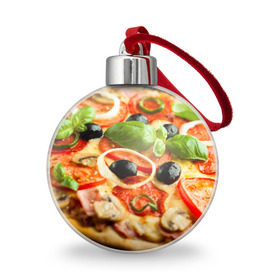 Ёлочный шар с принтом Пицца в Екатеринбурге, Пластик | Диаметр: 77 мм | базилик | еда | зелень | маслины | оливки | пицца | помидоры