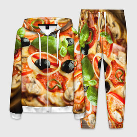 Мужской костюм 3D с принтом Пицца в Екатеринбурге, 100% полиэстер | Манжеты и пояс оформлены тканевой резинкой, двухслойный капюшон со шнурком для регулировки, карманы спереди | базилик | еда | зелень | маслины | оливки | пицца | помидоры